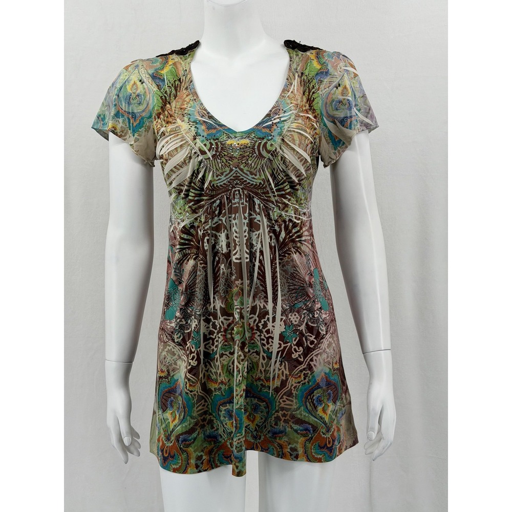 Apt 9 Top Womens Small Green Abstract Embellished V-Neck Y2K Babydoll Tunic Boho
